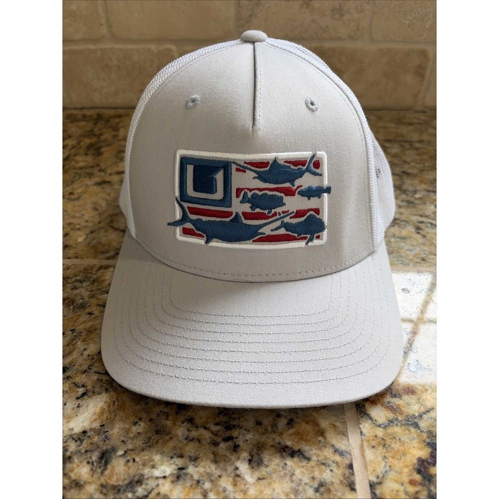HUK Trophy Flag Fishing Gray/White Trucker Cap Baseball Hat OSFM Adjustable